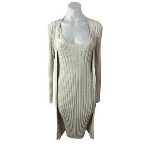 Peruvian Connection Beige Ribbed Midi Bodycon Long Cardigan & Tank Dress Set M